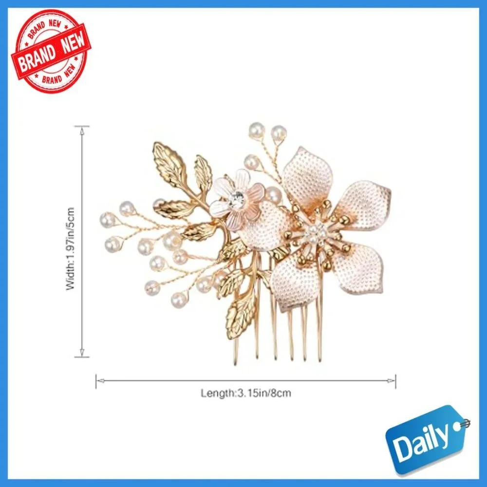 Floral Bridal Hair Comb with Pearls, Gold Plated Wedding Hair Clip - Picture 6 of 6